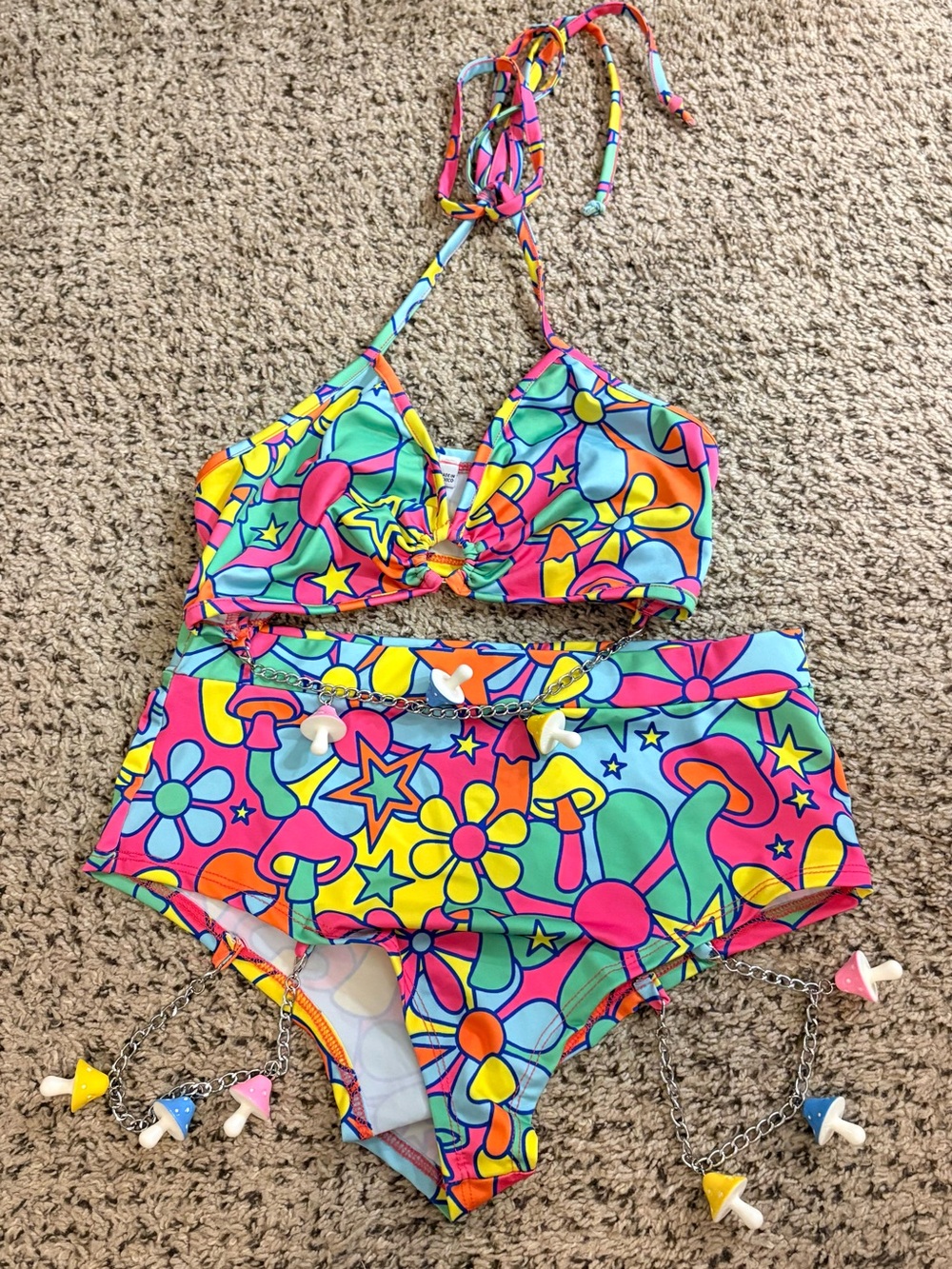 iHeartRaves Multicolor Mushroom, Floral & Star High-Waist 2 piece Set